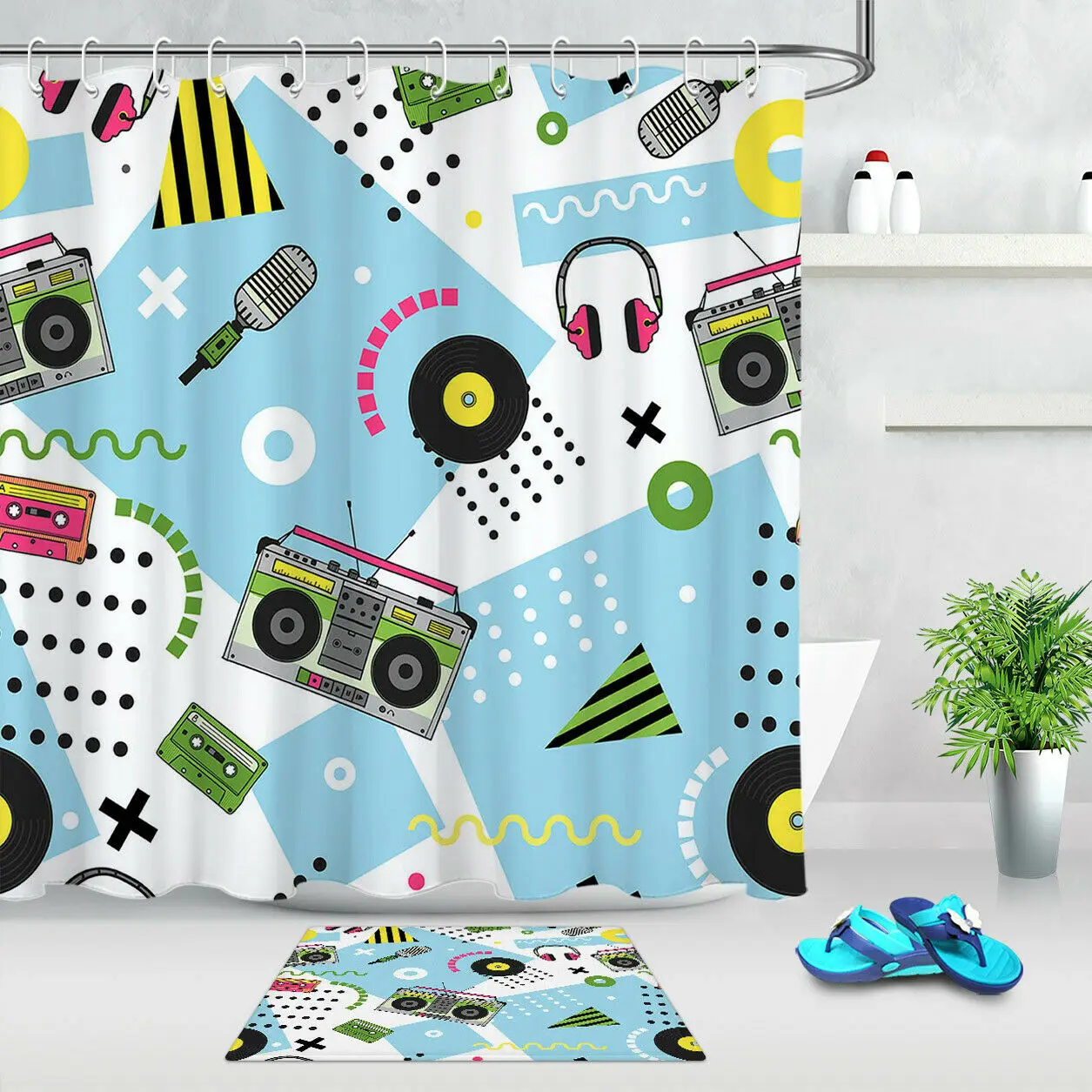 

Retro Music Tape Record Shower curtain Liner Polyester Fabrice Bathroom Custom