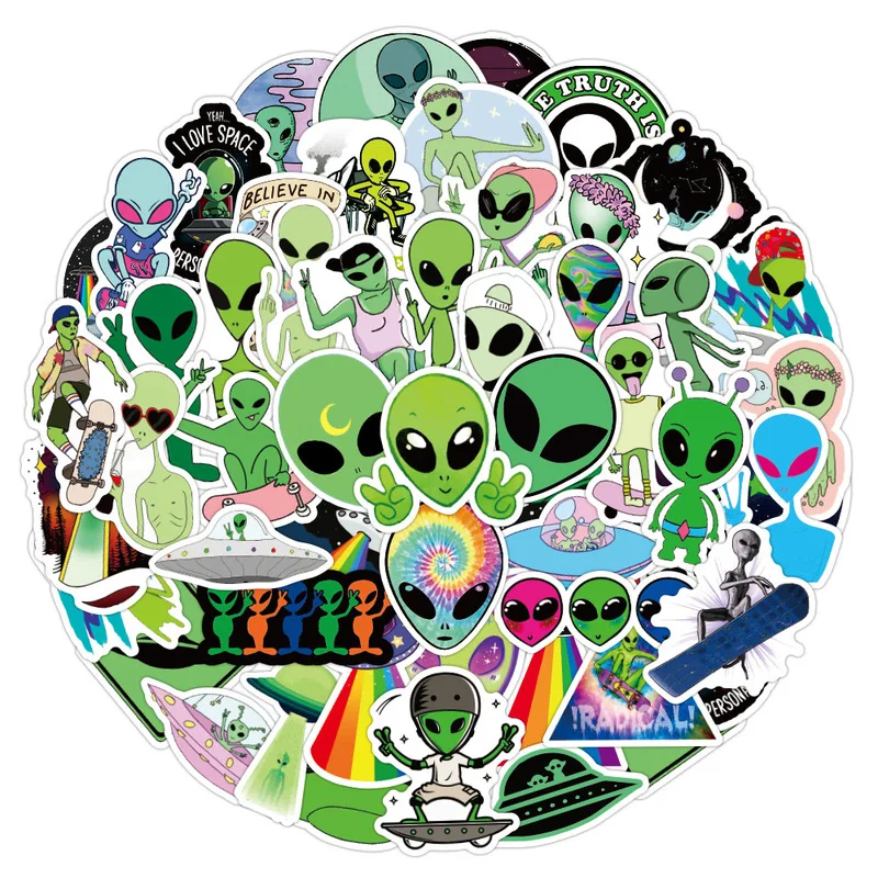 

10/50PCS Aliens UFO Cartoon Stickers Skateboard Fridge Phone Guitar Laptop Motorcycle Travel Luggage Classic Toy Decal Stickers