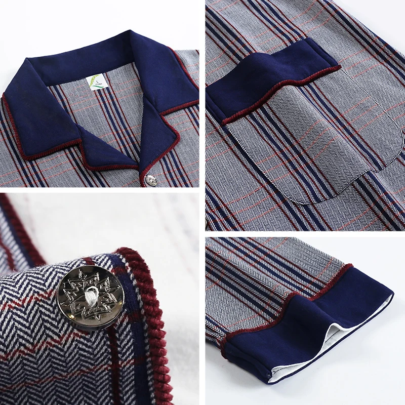 Мужская пижама из 100% хлопка Высококачественная клетчатая с длинными рукавами и