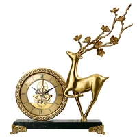 Table Clock Vintage Brass Deer Silent Table Clock with Marble Base, Crystal Rhinestone, for Home Living Room Bedroom Decoration