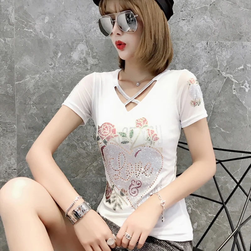 

Europe Summer Hot Fix Rhinestone T-Shirts Women Sexy Rose Flower Short Sleeve Slim All Match Tees Graphic Tops Fashion Street