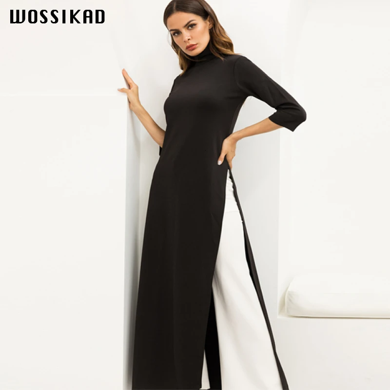 

Осеннее платье, женское вязаное стрейчевое черное платье, Макси-платья, женское платье с разрезом, длинное большое мусульманское платье, ка...