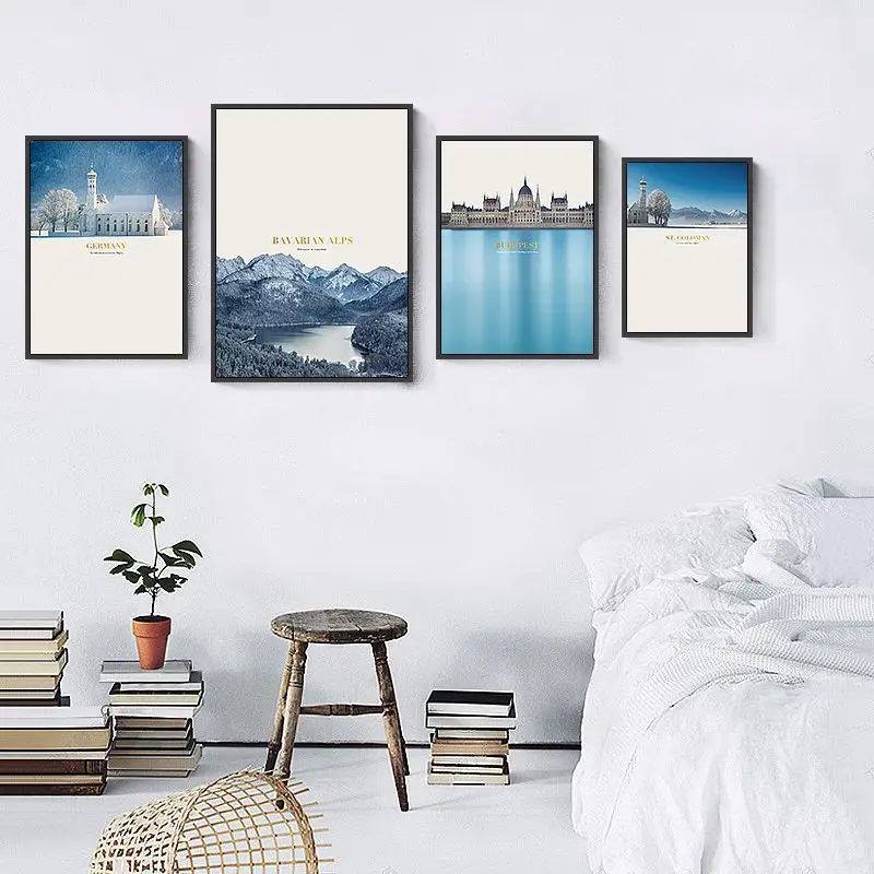

Nordic Poster Blue Landscape Bavarian Alps Germany ST Coloman Budapest Canvas Art Print Wall Pictures For Living Room Home Decor