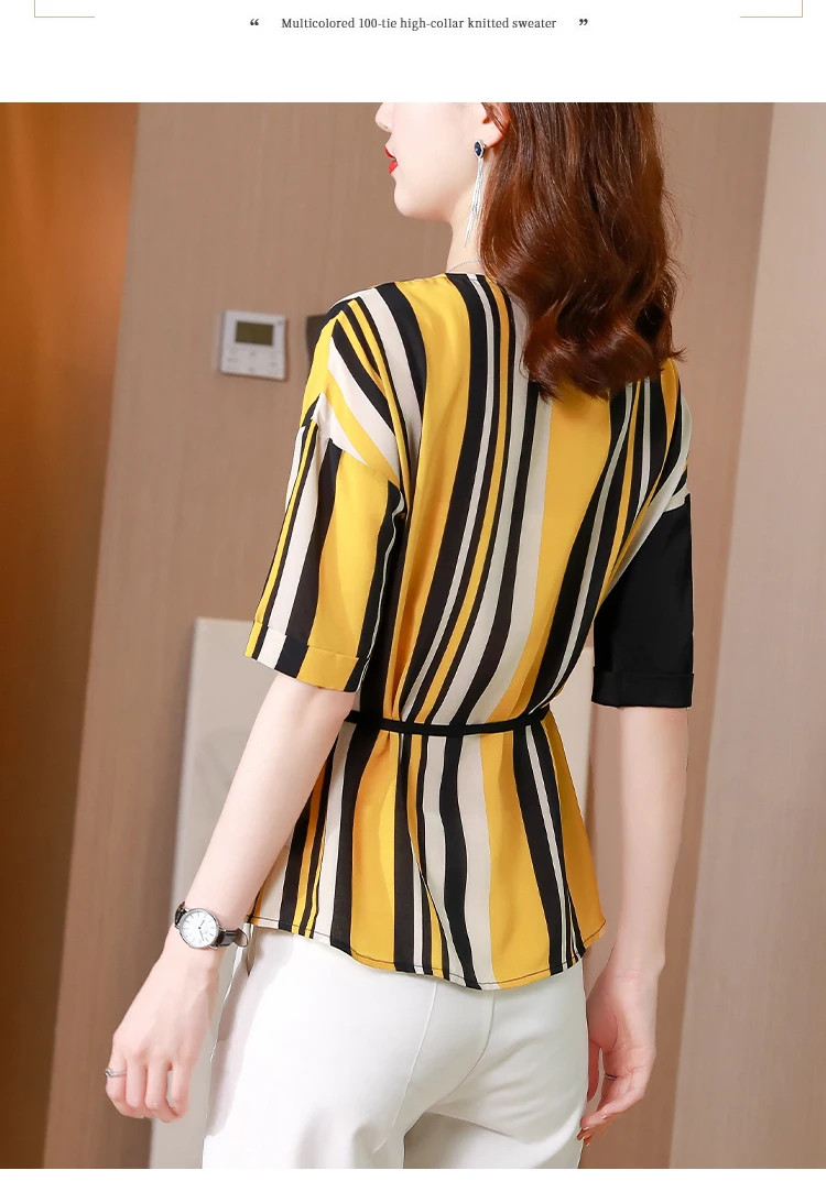 

Women's Blouses Chiffon Casual Silk Shirt Loose Plus Size Fashion Summer Stripe O-neck Lady Shirts Short Sleeve Top Houthion