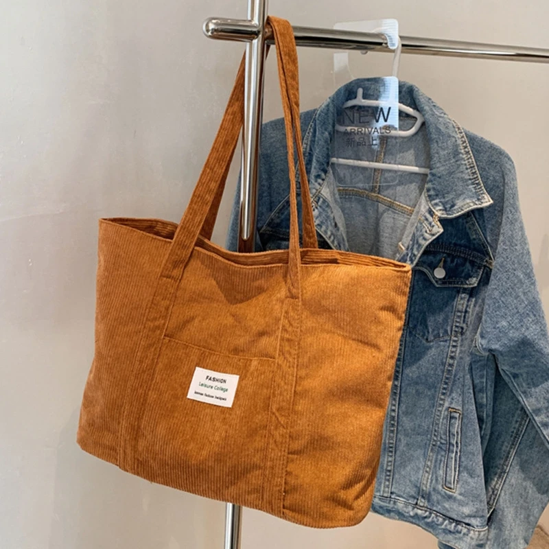 

Corduroy Shoulder Bag Vintage Soft Solid Color Handbag Retro Lightweight Shopping Bags Large Capacity Tote for Women