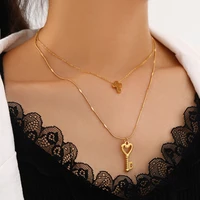 2021ins european and american niche light luxury gold plated cross clavicle chain fashion personality key double layer necklace