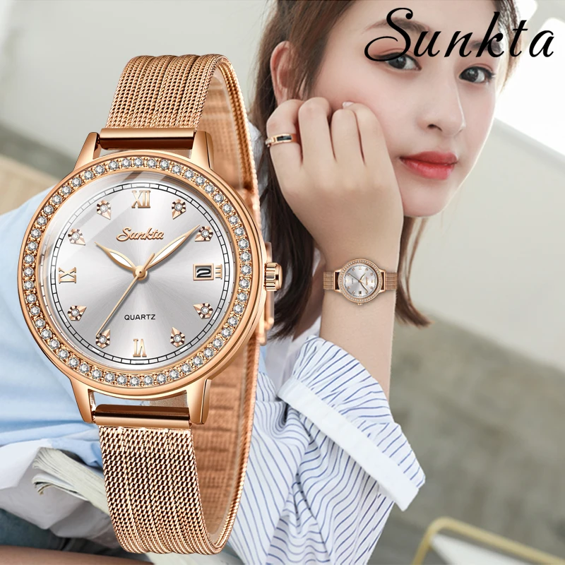 SUNKTA модные женские часы браслет повседневные с сетчатым ремешком кварцевые