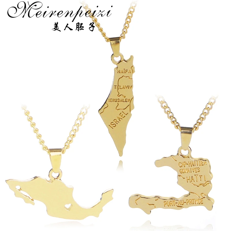 Золотая подвеска с изображением карты мира Израиля Перу Гаити Флориды ожерелье