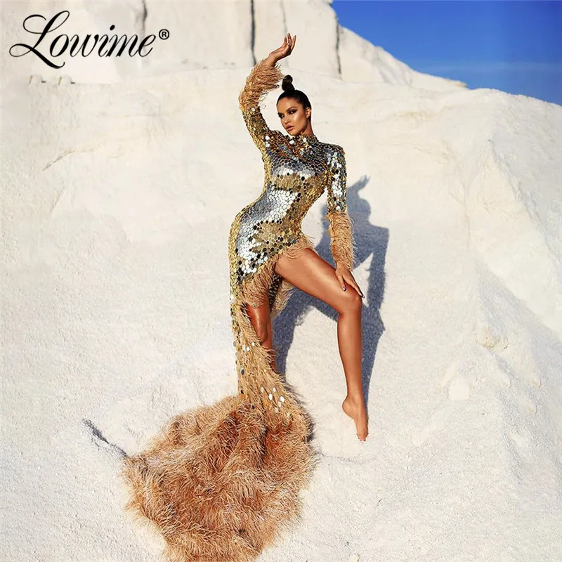 

Muslim Dubai Design Gold Evening Dresses 2021 Couture Shiny Crystal Beaded Feather Party Dress Open Back Long Prom Dress Vestido