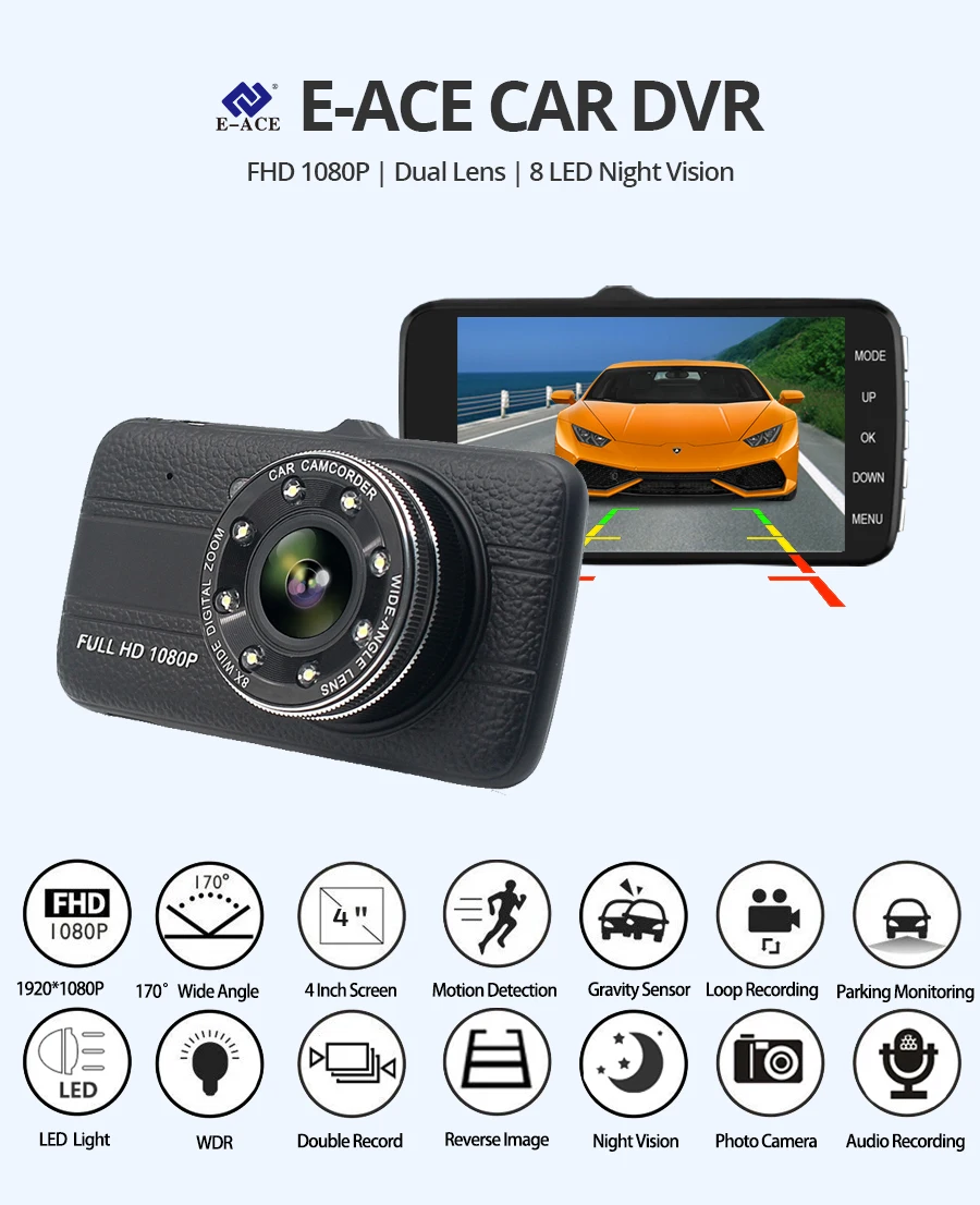 E-ACE Автомобильный видеорегистратор Камера Full HD 1080 P регистраторы Авто регистратор два объектива ночного видения с зеркало заднего вида цифровой для видеомагнитофон