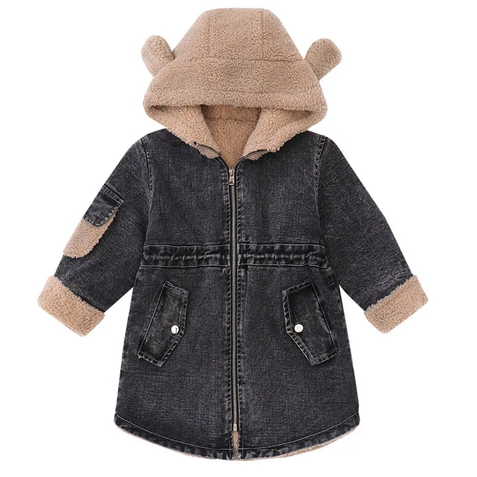 Kids Jacket Thick Plus Velvet Denim Jacket For Girls Patchwork Hooded Children's Windbreakers Fashion Girls Winter Clothes Party - Color: As Picture