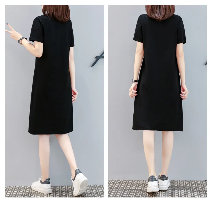 

Summer New Loose Women s Clothing Dress High Quality Diamond Round Neck Short Sleeve Casual Plus Size Black Midi Vestidos