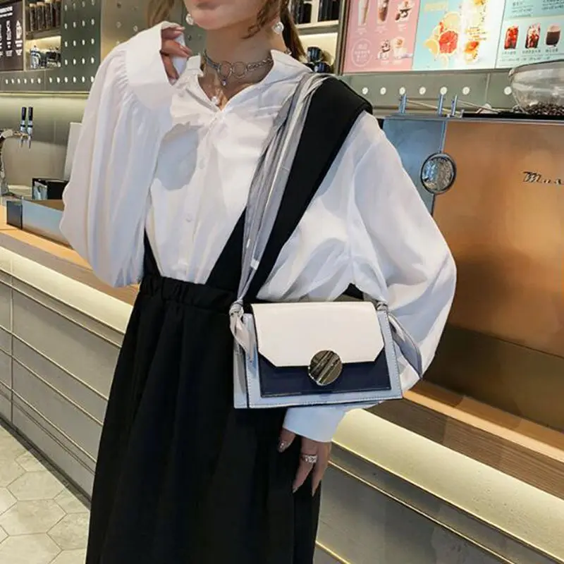 

2020Contrast color Leather Crossbody Bag Elegant Female Ribbon Tote Bag New Quality Flip Square bag Chain Shoulder Messenger Bag