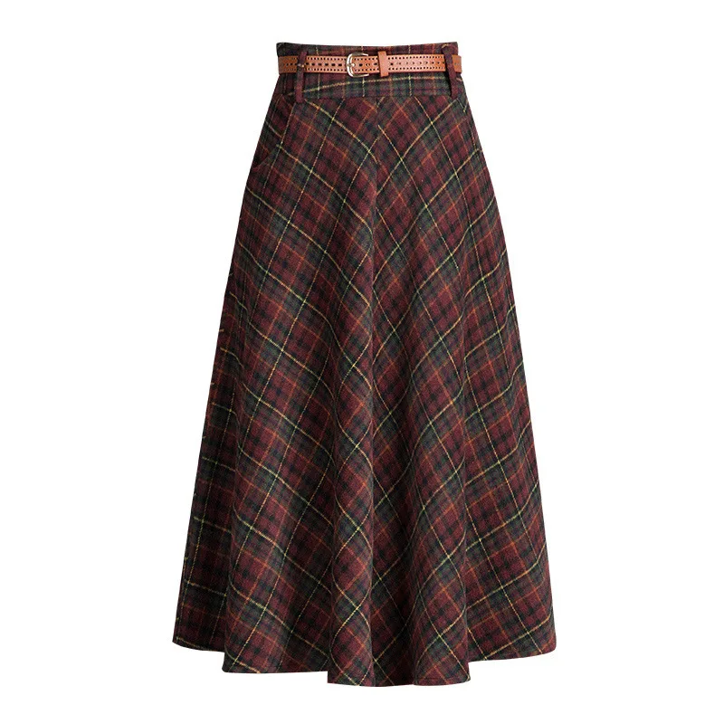 Woolen Skirts Plus size M-4XL Autumn Winter Vintage Plaid Wool Skirt Women Midi Long Elegant A Line Large Size | Женская одежда