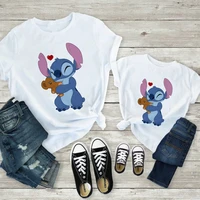 harajuku tops childrens t shirts fun cartoon lilo stitch pictures tee boys girls clothing summer casual family look dropship