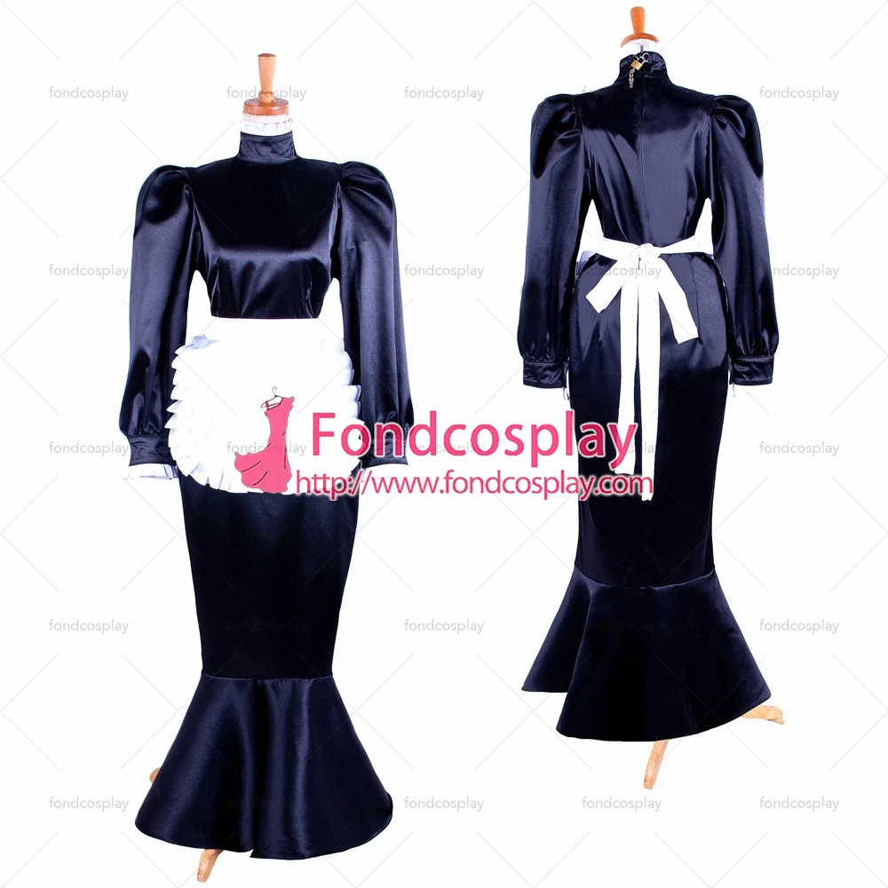 

fondcosplay adult sexy cross dressing sissy maid long lockable black Satin dress white apron Fish tail Tailor-made [G1595]
