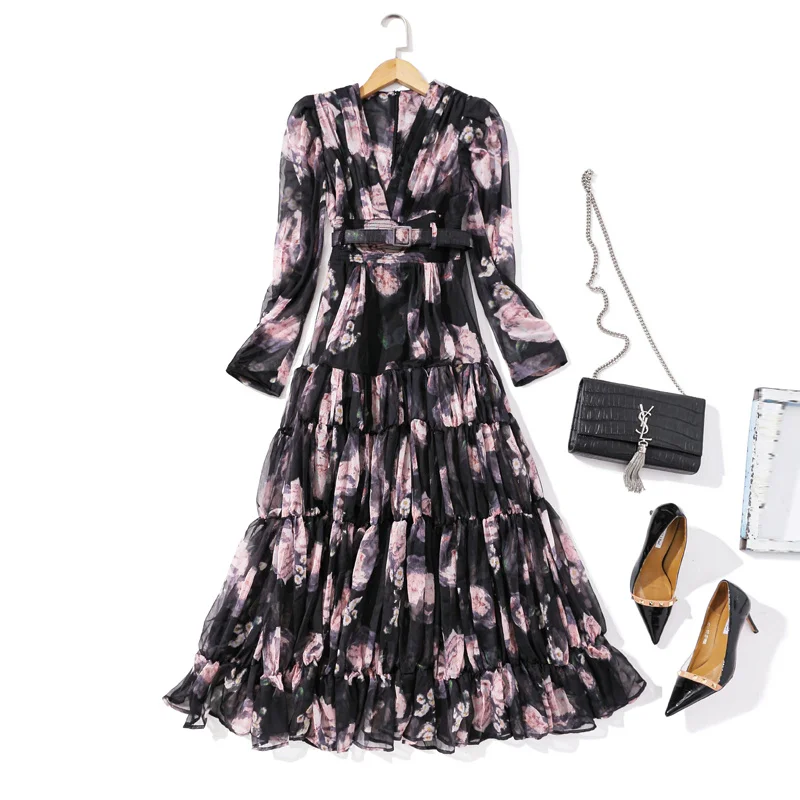 

Runway Spring New Women'S Elegant Dress Romantic Banquet Fashion Holiday Sexy V-Neck Charming Vintage Elegant Print Long Dress