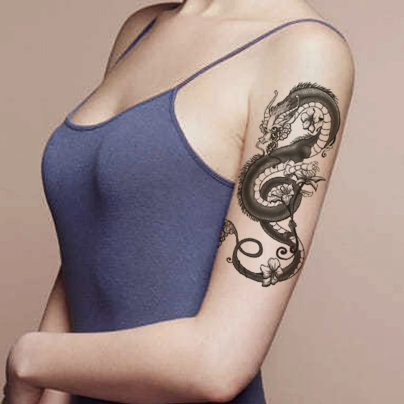 

Temporary Tattoo Stickers Black Dragon King Flowers Vine Totem Fake Tattoos Waterproof Tatoos Legs Arm Large Size for Women Men
