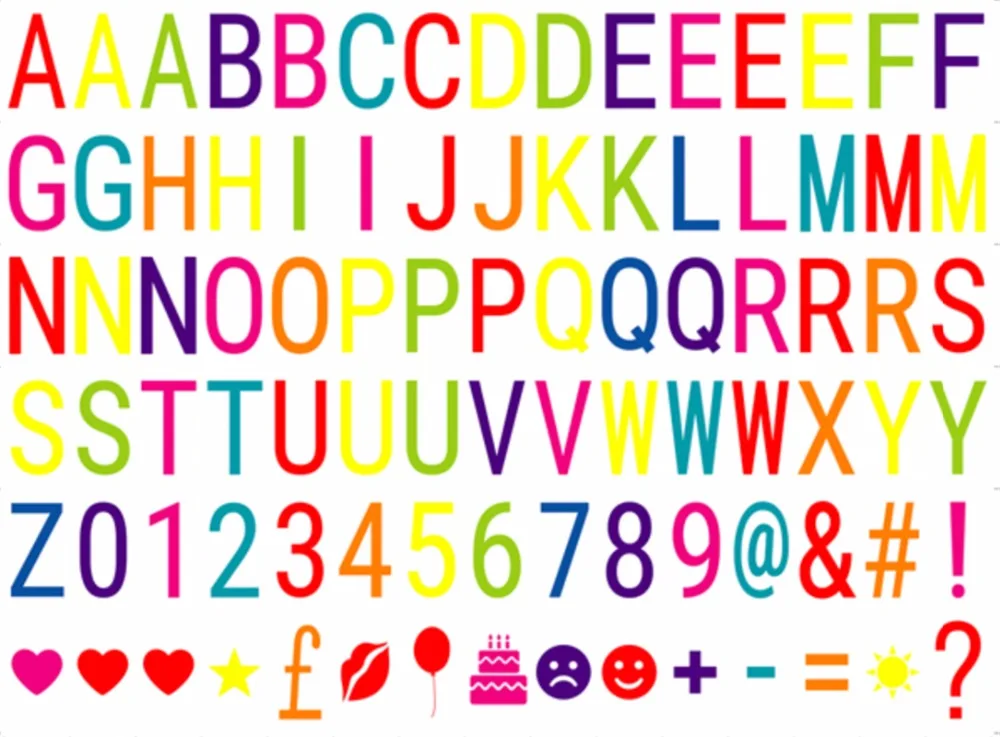 Цветные буквы символы и глифы карточки для кинотеатра размера A4 светодиодные