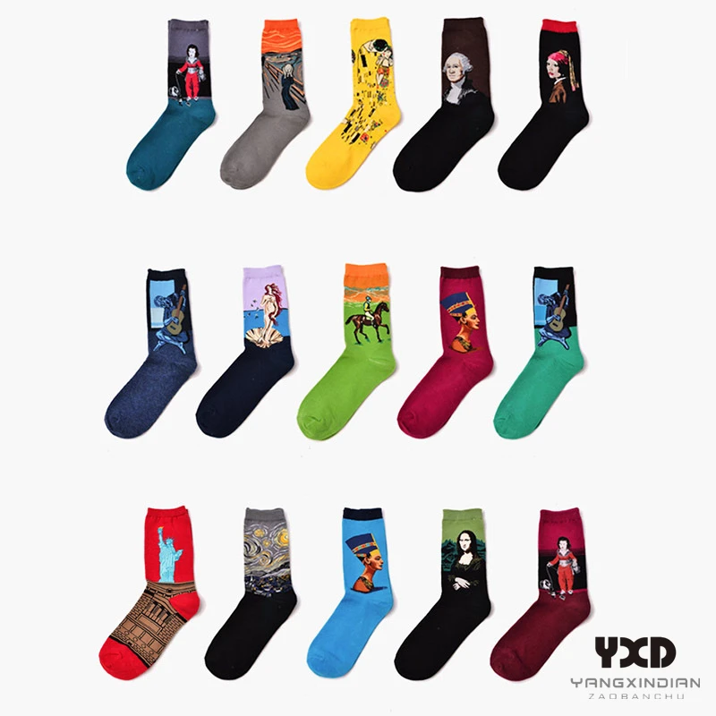 

5 Pairs/Men's Socks Happy Color Retro Personality Art Van Gogh Print Oil Painting Socks Gift For Men Funny Socks Pop Socket Drew