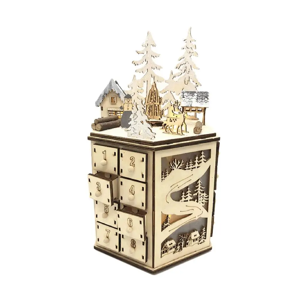 

Christmas Wooden Countdown Ornament 2021 Christmas Advent Calendar With LED Lights & 24 Drawers Box Village House Santa Claus El