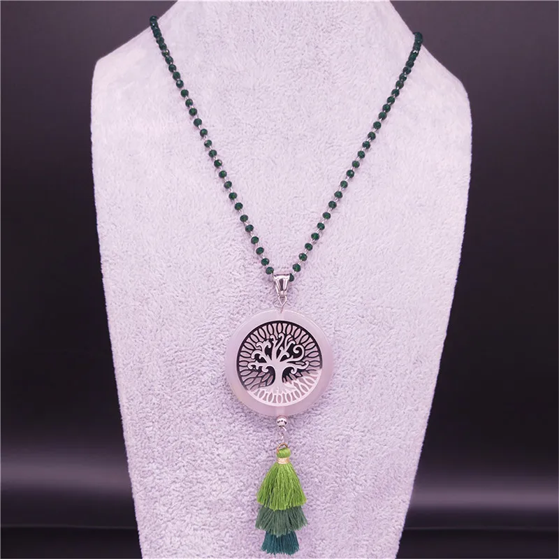 

2021 Tree of Life Stainless Steel Natural Stone Necklace Women Green Long Tassel Chain Necklaces Jewelry colgantes NGB6S04