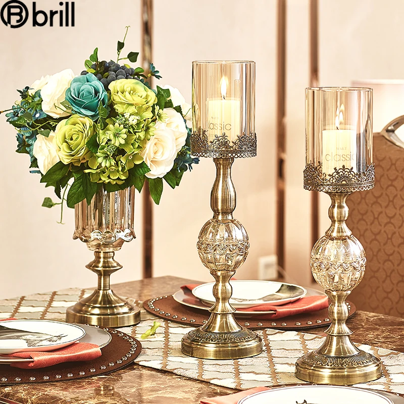 Bougeoir en cristal doré de luxe américain, support de Table en verre, pour salle de mariage, hôtel, chandelier en métal, décoration de Table à manger