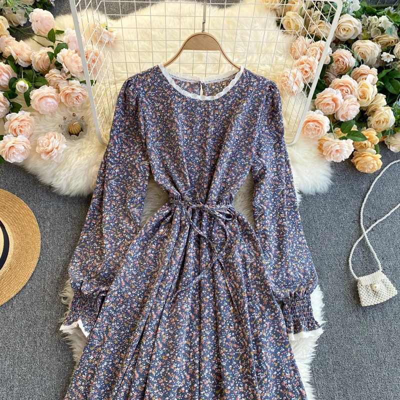 

LoveFlowerLife New Spring Autumn Vintage Floral Print O Neck Dress A Line Puff Sleeve High Waist Mid Calf Women Dresses