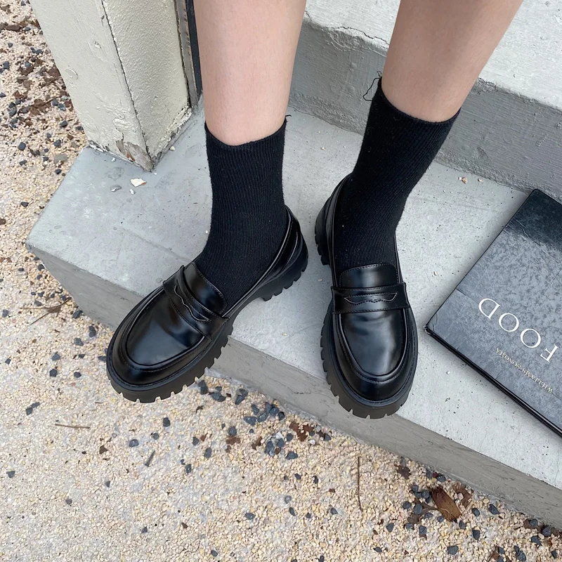 

Boussac Black Punk Platform Women Loafers Round Toe Chunky Heel Vintage Shoes Women Slip on High Heel Women Pumps