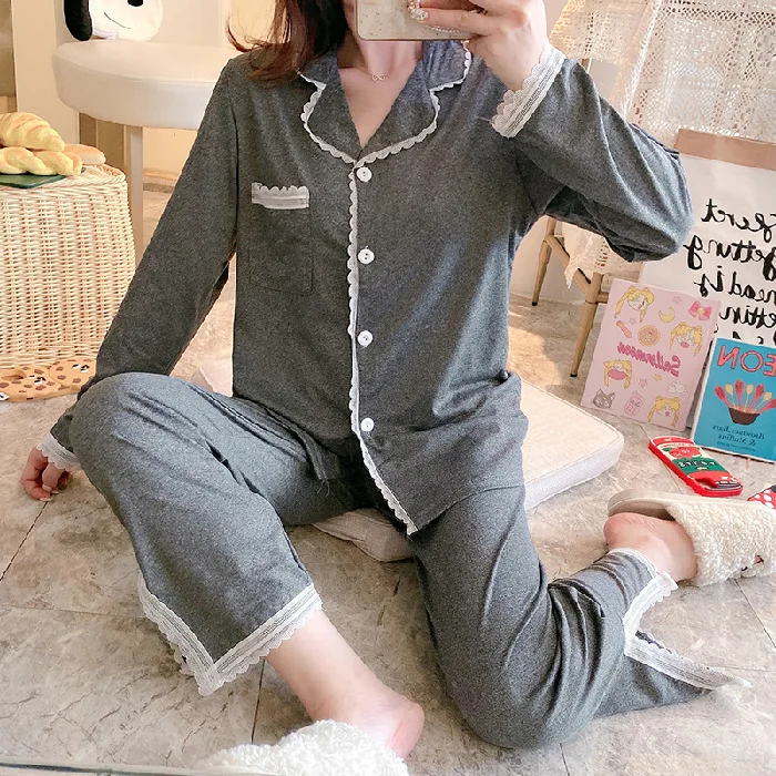 

Pajamas Solid Women's Cardigan Long Sleeve Sleepwear Lace Korean Nightgown Loose Plus Size Trousers Split Home Service Suit