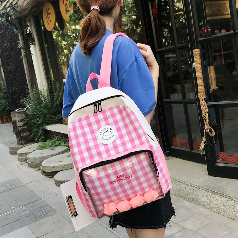 4 шт. клетчатый женский рюкзак набор студенческий холщовый для