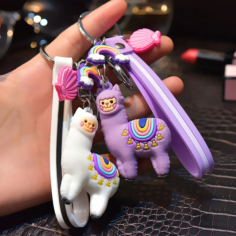 

2021 New Product Cartoon Epoxy Alpaca Keychain Female Creative Bag Leather String Pendant School Bag Hanging Buckle Small Gift