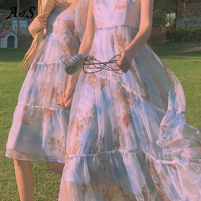 

Anbenser Angel Print French Dress Women Vintage Puff Sleeve Fairy Dresses Female Summer Square Collar Elegant Chiffon Midi Dress