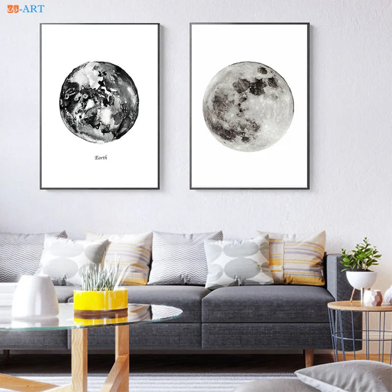 Картина на холсте черно белая луна земля с принтом Настенная живопись настенные