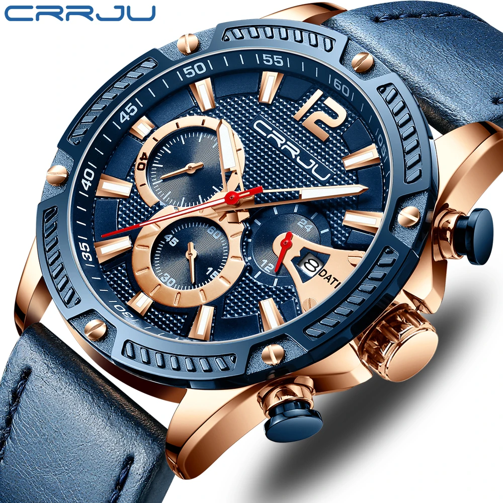 

CRRJU Mens Watch Anniversary Gifts for Husband Luxury Water Resistant Sport Leather Quartz Chronograph Relogio Masculino