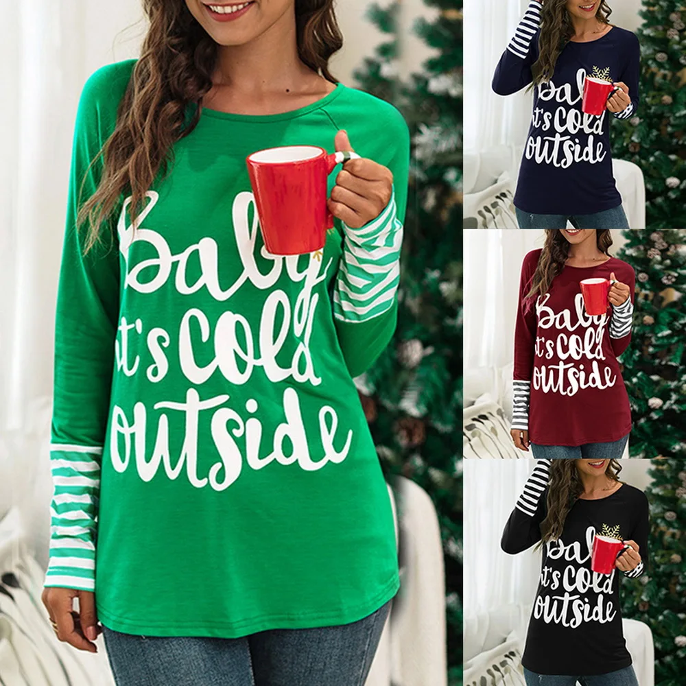 2019 Letter Printted Women Blouses Christmas Snowflake Tops Long Sleeve Stripe Pactwork O Neck Casual Blusas Femininas |
