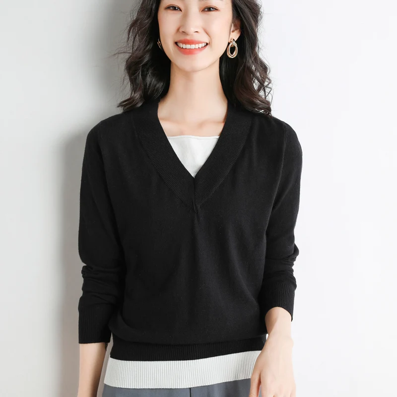 

Fake two-piece V-neck sweater women loose pullover sweater for fall/winter 2021 new bottoming shirt top