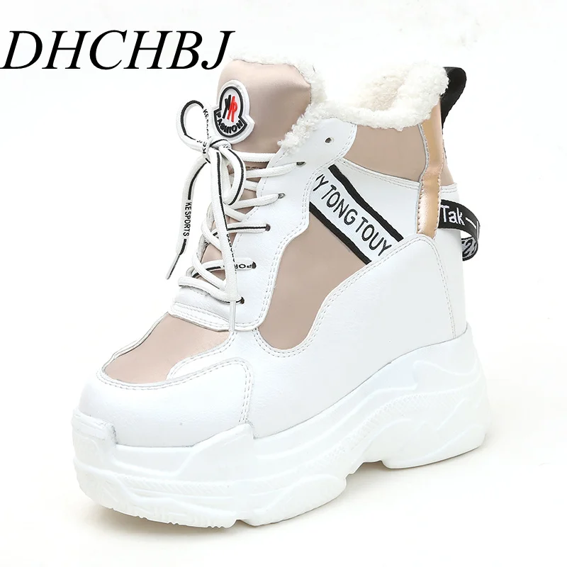 Женские ботильоны на высокой танкетке 12 см теплые кожаные кроссовки с мехом