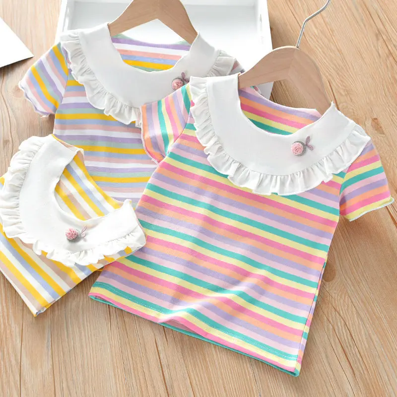 

Summer Girls New T-Shirt Cute Female Baby Wooden Ear Striped Short-Sleeved Top Korean Children's Casual Shirt Baby Girl Top