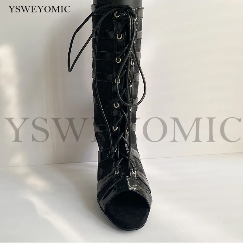 Black Latin Boot Dance Shoes Latin Women Leather High Heel Suede Outsole and Rubbel Sole Available Soft Salsa Latin Dance Boot