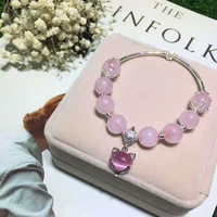 natural pink rose quartz bracelet madagascar 10mm women fox pendant stretch crystal stretch round beads bracelet jewelry