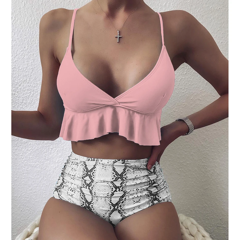 

High Waist Bikini 2020 Swimsuit Woman Sexy Ruffle Bikinis Set High Cut Swimwear Women Snake Print Bathing Suit Swimming Suit