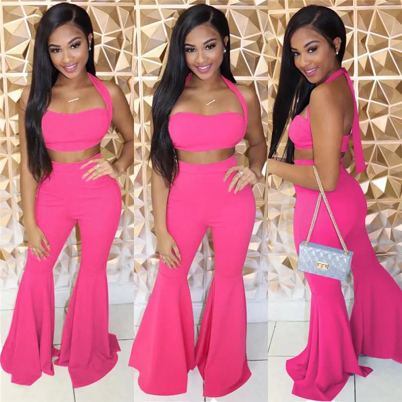 New Women halter neck short crop top wide leg pants suit two piece set fashion club party night tracksuit outfit 3 color | Женская
