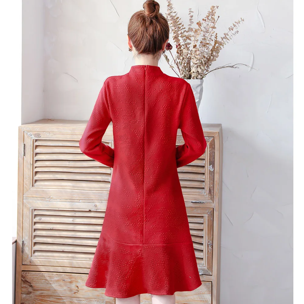 Винтажное платье Ципао китайское Новогоднее 2020 с длинным рукавом зимнее