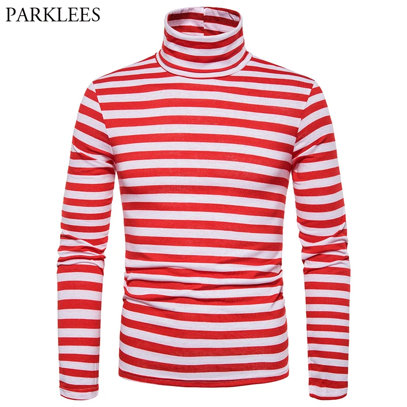Красная полосатая Мужская футболка 2019 с высоким воротником длинным рукавом