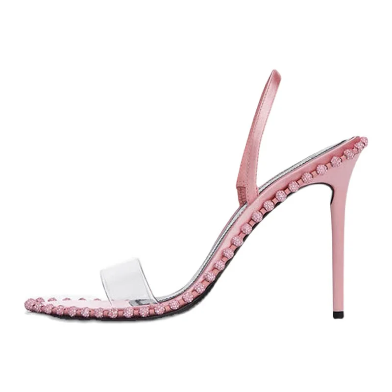 

Yang high-heeled shoes with open toe water drill transparent one line belt female Xia heel fairy King pink sandal