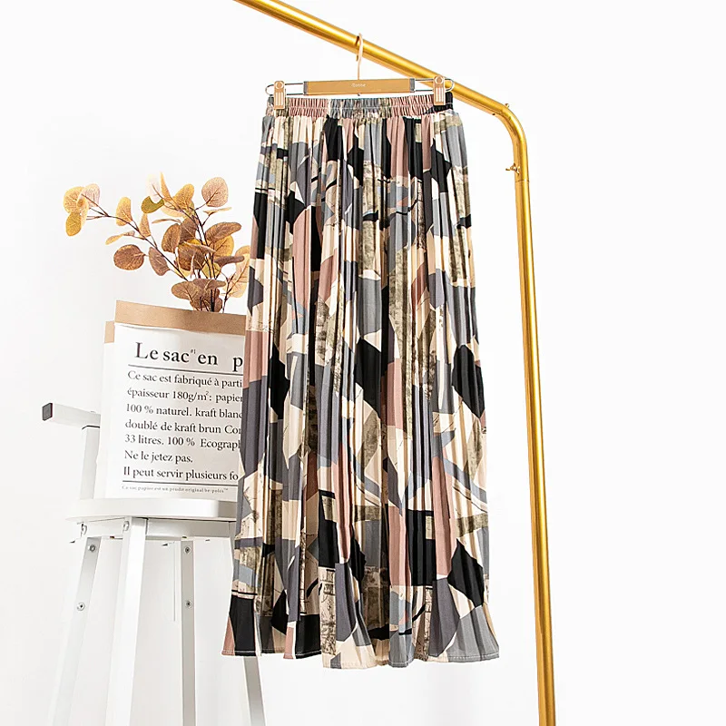 

French Retro Chiffon Pleated Skirt Women High Waist Printing Long Skirts Womens 2020 Summer Printed Pleated Skirt Women Mujer