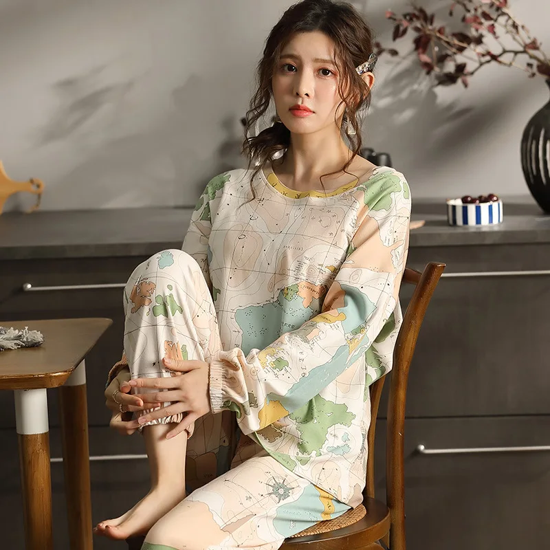 

Spring and Autumn Women's Pajamas Long Sleeve Cardigan Sweet and Cute Plus Size Home Service Sleep Tops Pijamas Women Sleepwear