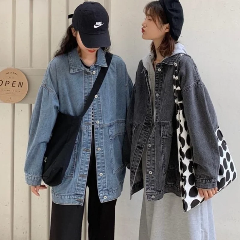 

Denim Coat Women Solid Pockets Single Breasted Loose Simple Oversize Korean Style Spring All-match Female Cargo Coats Clothing