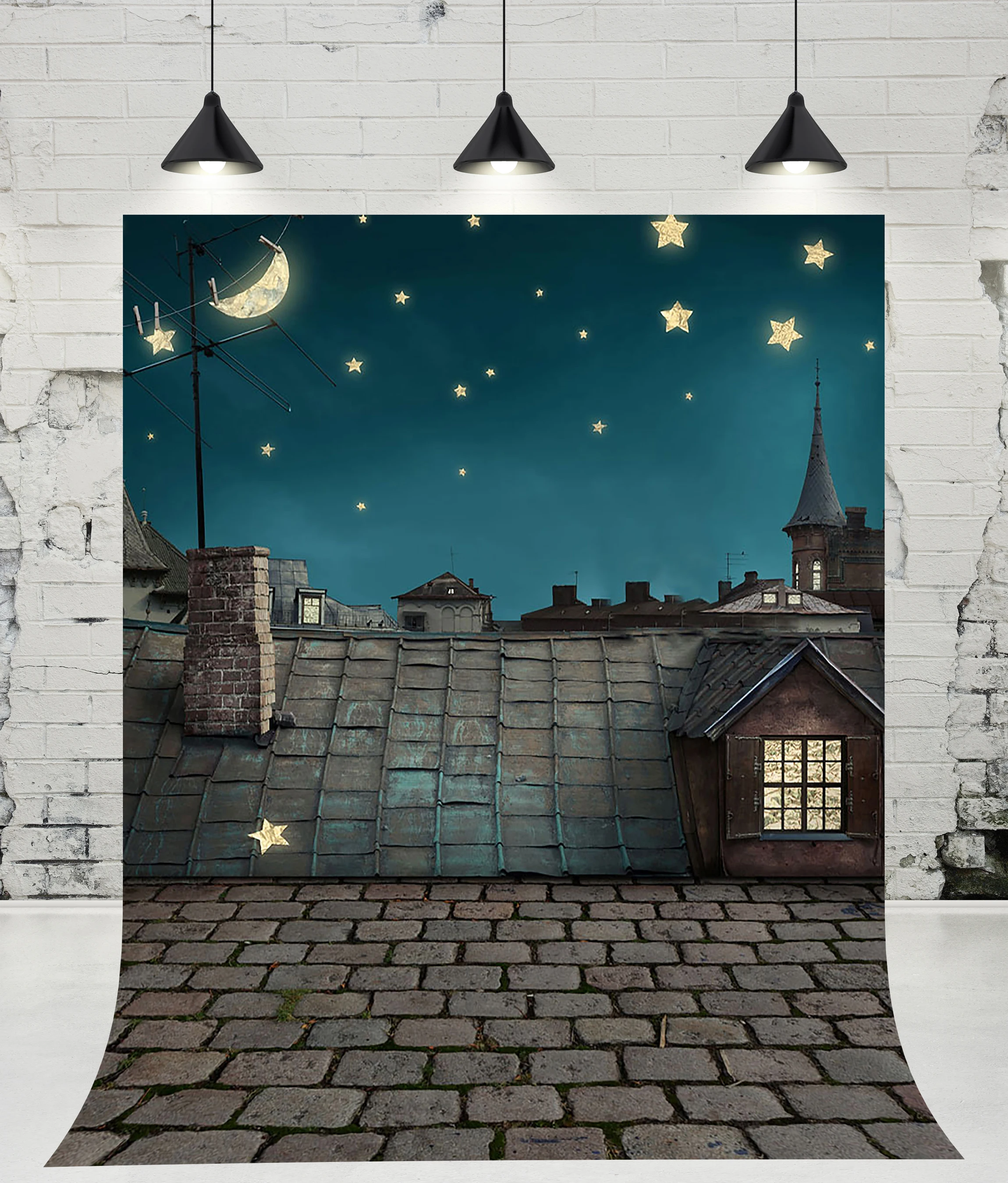 

VinylBDS Night Sky Roof Star and Moon Photography Backdrops Newborn Baby Brick Floor Photo Studio Background for Children Props